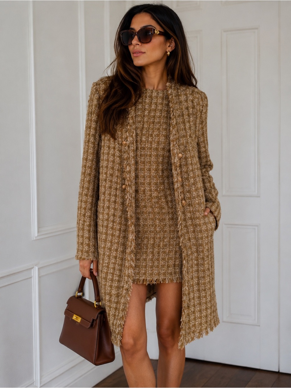 Elie Tahari Tan Tweed Coat & Dress Set (18 bust) open duster